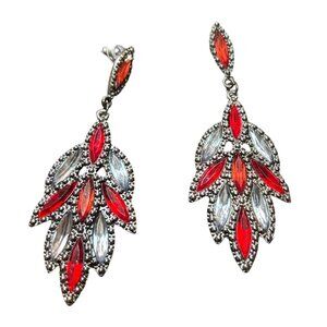 Silver & Red Dangle Teardrop Statement Earrings With Rhinestone Accents